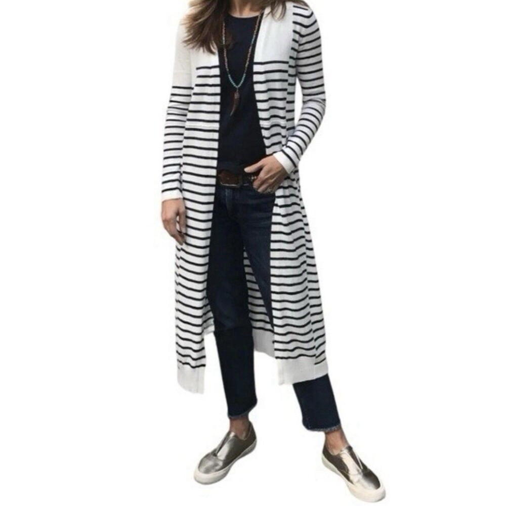 Cabi Women’s Size Medium Victory Longline Open Front Striped Cardigan #5141